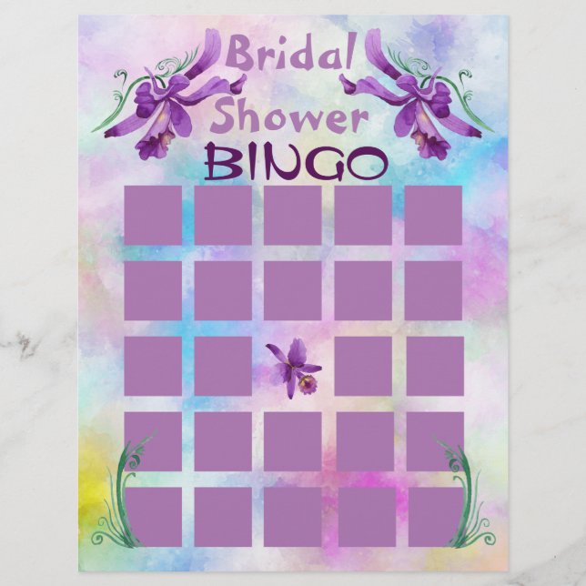Purple Watercolor Orchids Bridal Shower Bingo Flyer (Front)