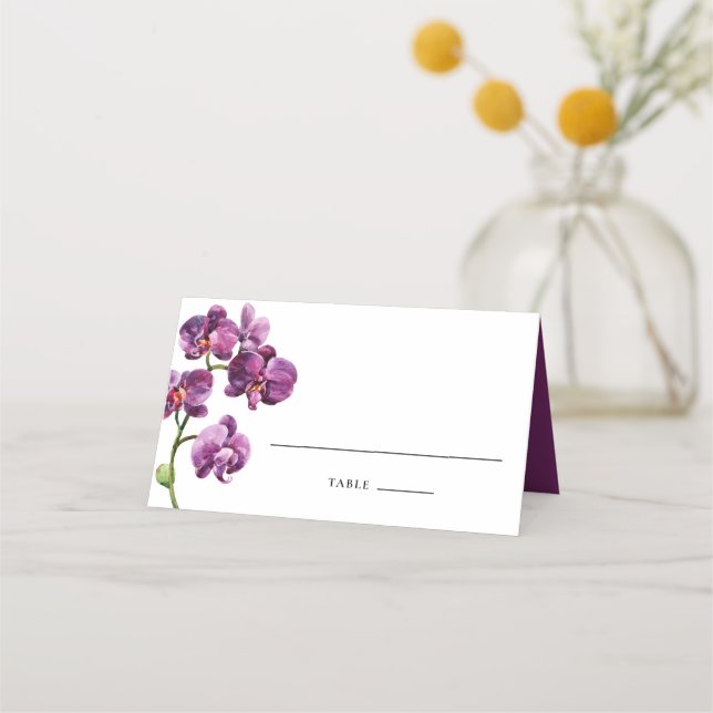 Purple Watercolor Orchids Tropical Wedding Place Card (Front)