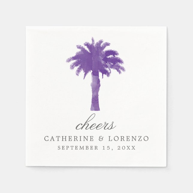 Purple Watercolor Palm Tree Wedding Reception Napkin (Front)