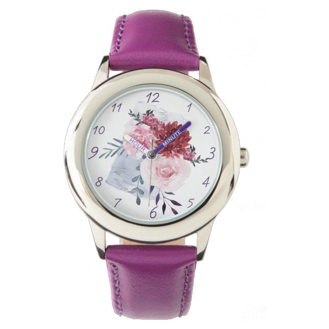 Purple Watercolor Peonies Art Watch (Front)