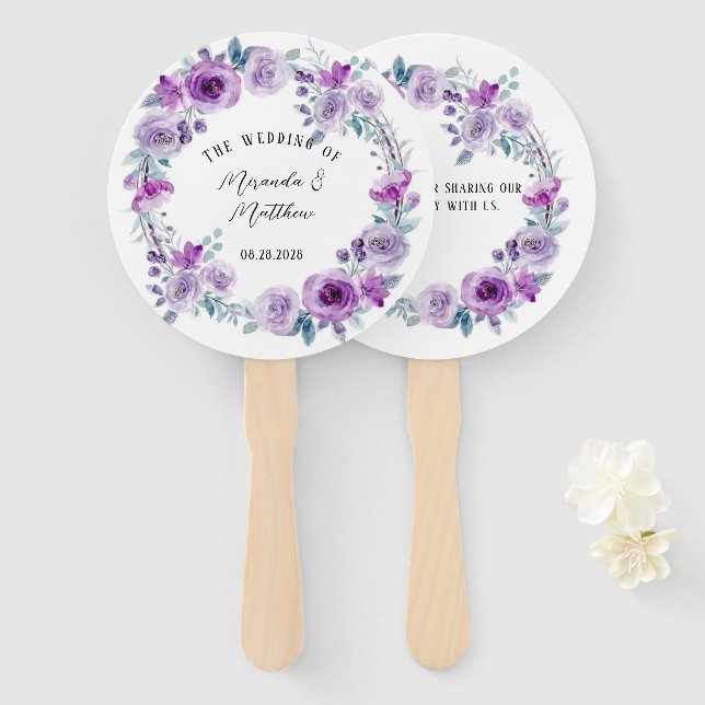 Purple Watercolor Peonies Eucalyptus Wedding Hand Fan (Front and Back)