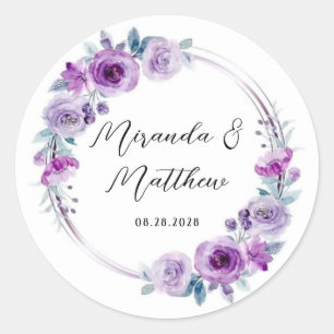Purple Watercolor Peonies Wedding Classic Round Sticker