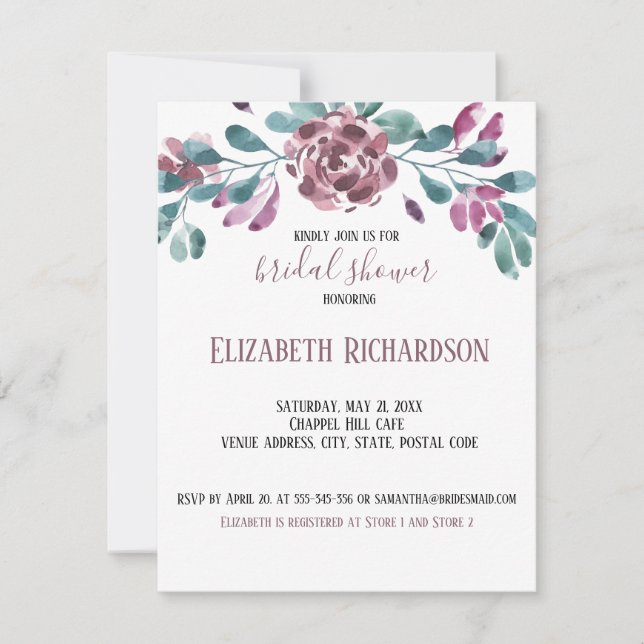 Purple Watercolor Peony Bridal Shower Invitation (Front)