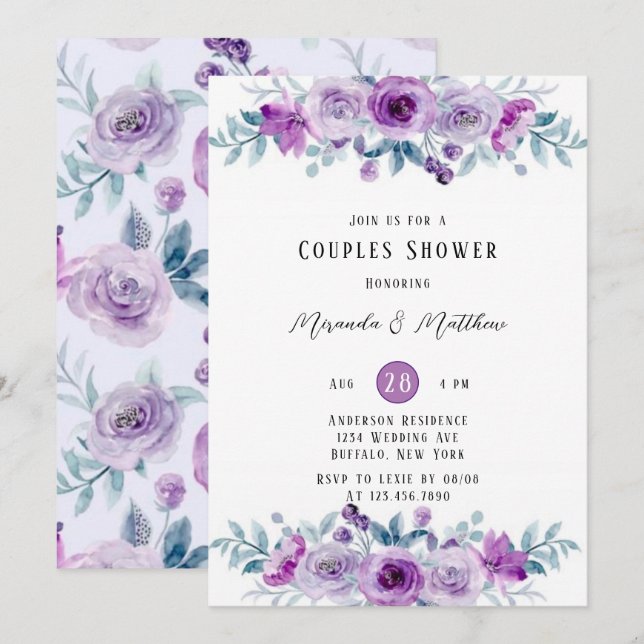 Purple Watercolor Peony Eucalyptus Couples Shower  Invitation (Front/Back)