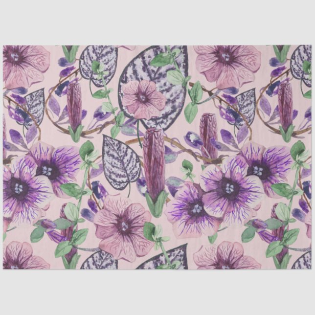 Purple Watercolor peony floral decoupage Tissue Paper (Front)