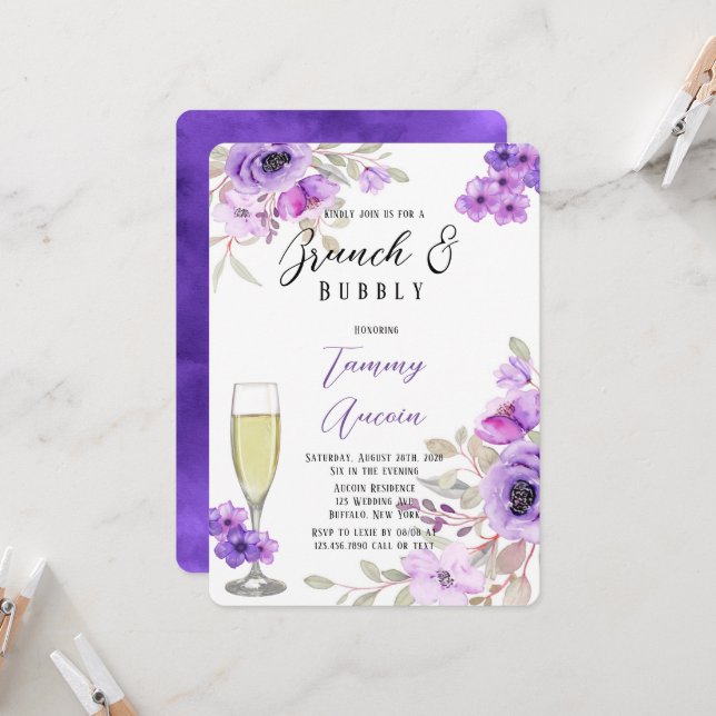 Purple Watercolor Peony Flowers Brunch & Bubbly Invitation (Front/Back In Situ)