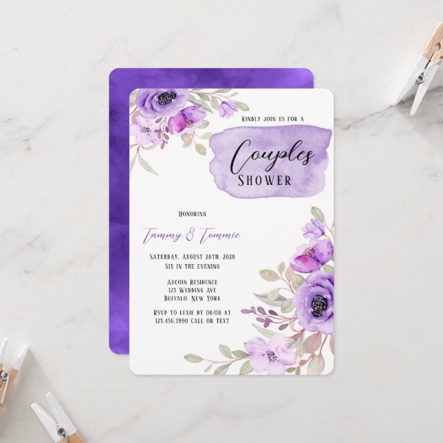 Purple Watercolor Peony Flowers Couples Shower Inv Invitation (Front/Back In Situ)