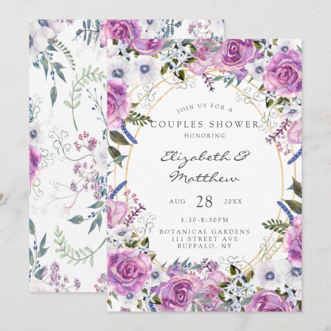 Purple Watercolor Peony Gold Couples Shower Invitation (Front/Back)