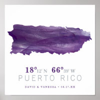 Purple Watercolor Puerto Rico Map Coordinates