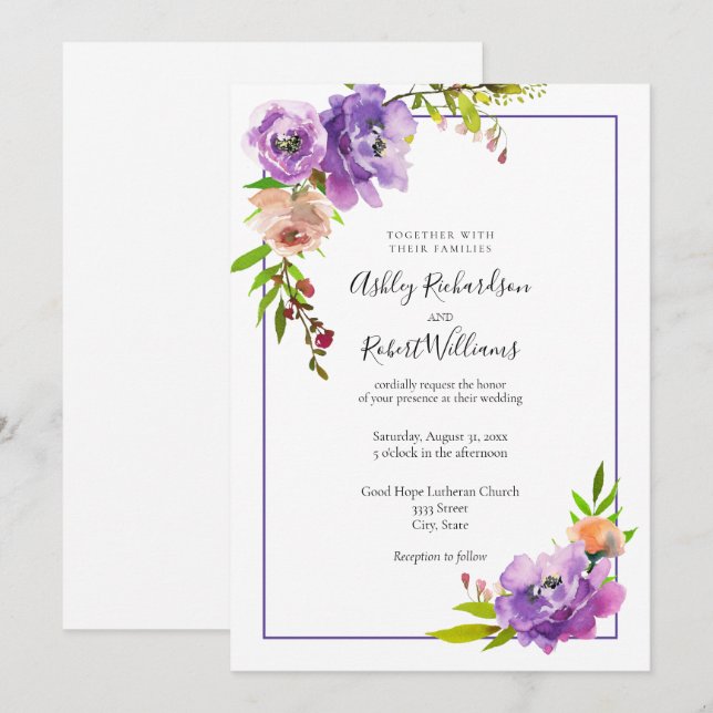 Purple Watercolor Purple Floral Wedding Invitation (Front/Back)