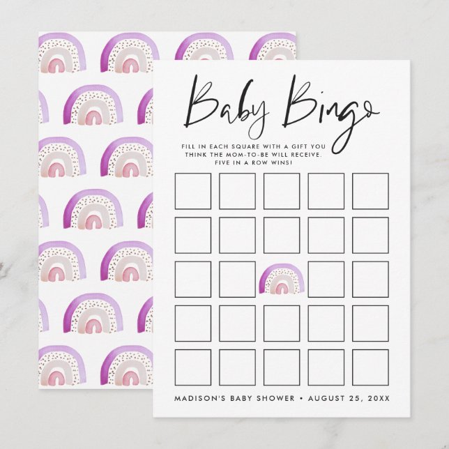 Purple Watercolor Rainbow Baby Shower Bingo Card (Front/Back)