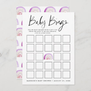 Purple Watercolor Rainbow Baby Shower Bingo Card