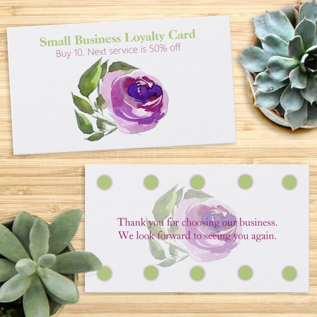 Purple Watercolor Rose Business Loyalty Punch Card (Creator Uploaded)