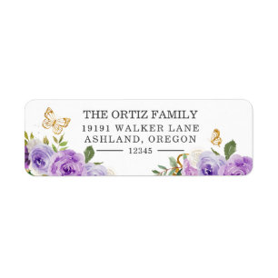 Purple Watercolor Rose Butterfly Return Address