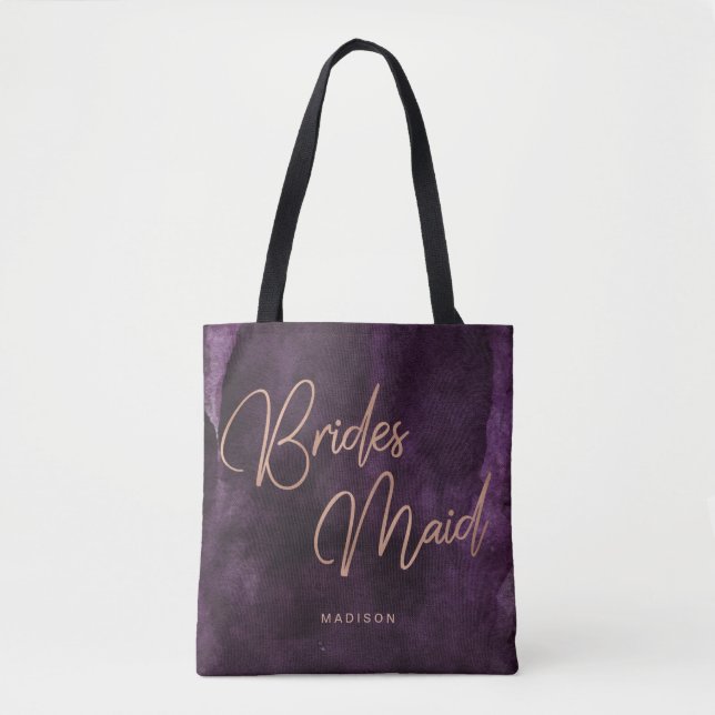 Purple Watercolor Rose Gold Bridesmaid Monogram Tote Bag (Front)