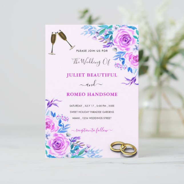 Purple Watercolor Rose Wedding Invitation Template (Standing Front)