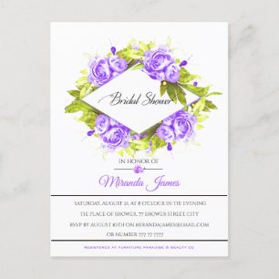 Purple Watercolor Roses Arrangement Bridal Shower Invitation Postcard