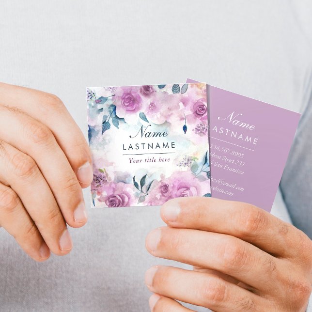 Purple Watercolor Roses Botanical Artistic Square Business Card (Creator Uploaded)