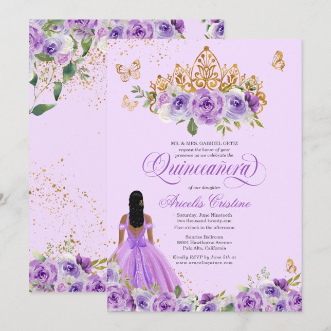 Purple Watercolor Roses Butterflies Quinceañera  I Invitation (Front/Back)