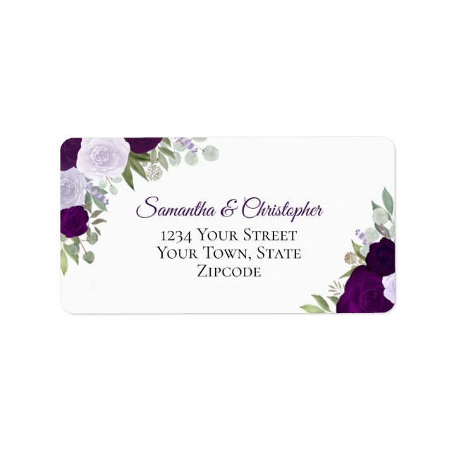 Purple Watercolor Roses Elegant Wedding Address Label (Front)