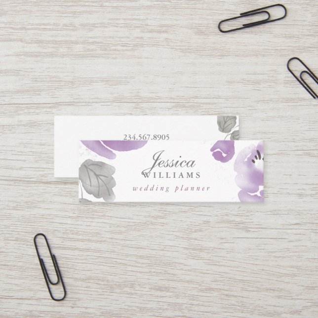 Purple Watercolor Roses Floral Mini Business Card (Front/Back In Situ)
