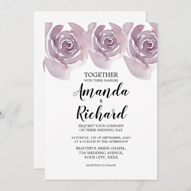 Purple Watercolor Roses Pretty Bridal Wedding Invitation (Front/Back)