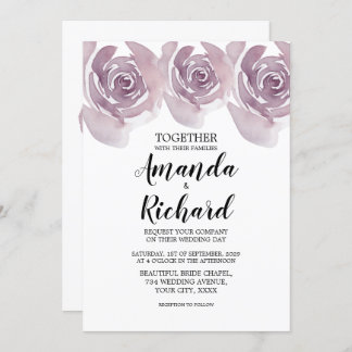 Purple Watercolor Roses Pretty Bridal Wedding Invitation