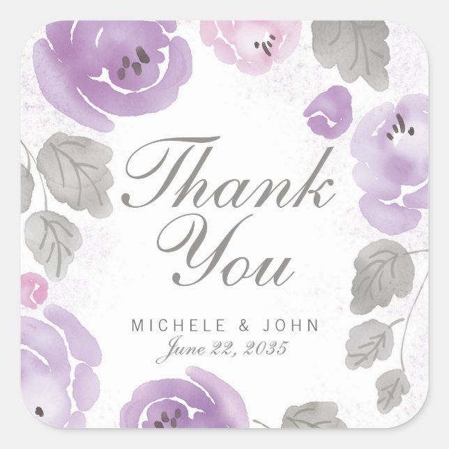 Purple Watercolor Roses Thank You Favour Stickers (Front)