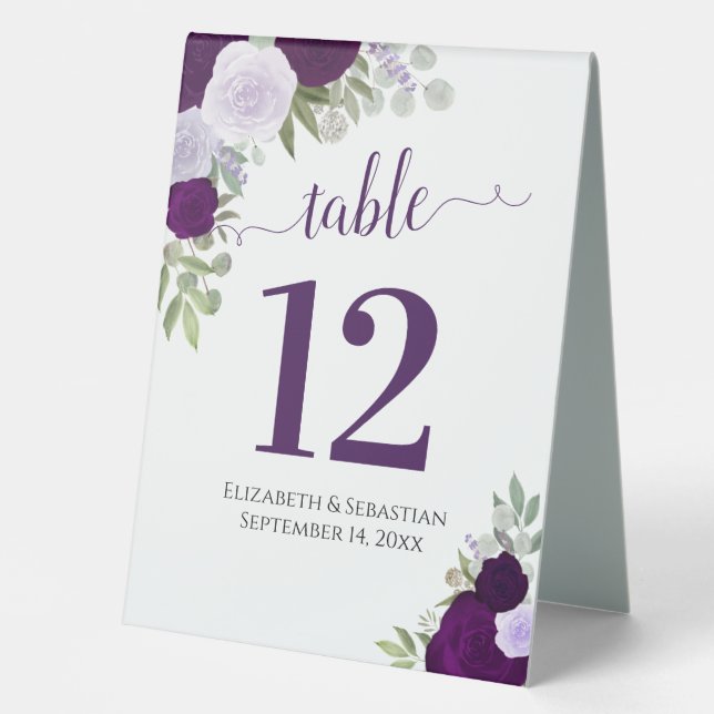 Purple Watercolor Roses Wedding Table Number (Front)