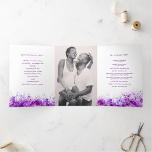 Purple watercolor splash art wreath wedding Tri-Fold programme