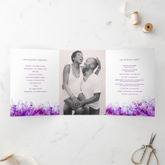 Purple watercolor splash art wreath wedding Tri-Fold programme (Inside)