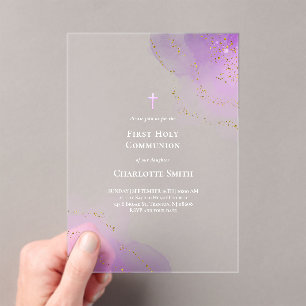purple watercolor splash First Holy Communion Acrylic Invitations