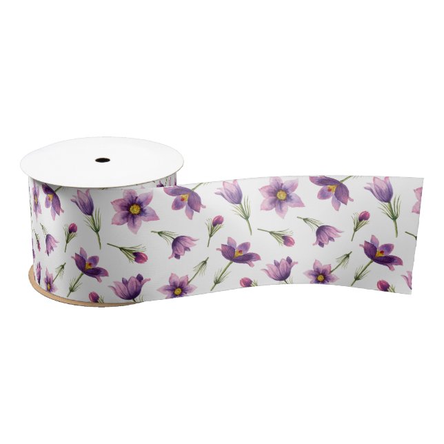Purple Watercolor Spring Blooms Floral Pattern Satin Ribbon (Spool)