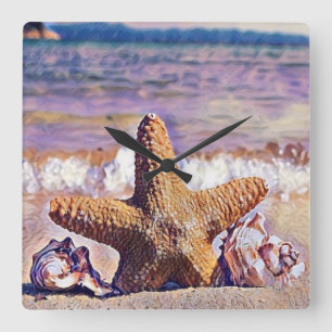 Purple Watercolor Starfish Seashells Painting Lum Square Wall Clock
