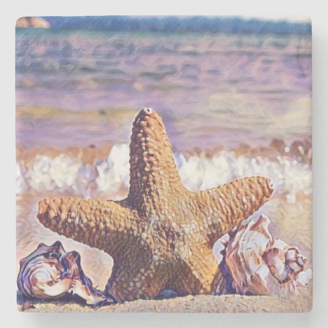 Purple Watercolor Starfish Seashells Painting  Stone Coaster (Front)
