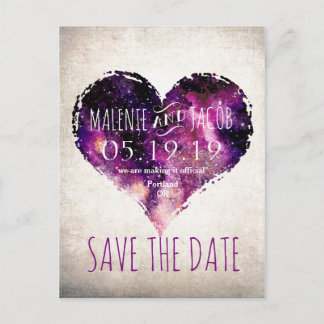 Purple Watercolor Starry Sky Heart Save the Date Announcement Postcard