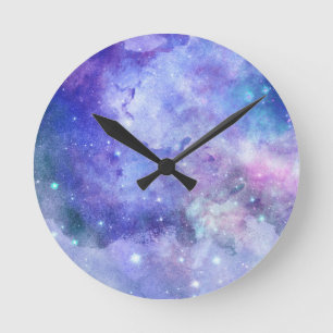 Purple Watercolor Starry Sky Space Lover Galaxy Round Clock