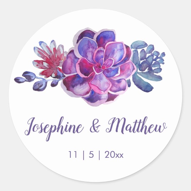 Purple Watercolor Succulents Wedding Stickers (Front)