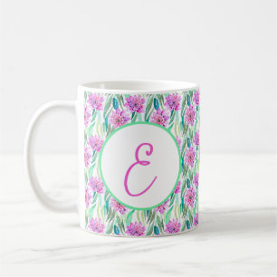 Purple watercolor tropical blooms pattern monogram coffee mug