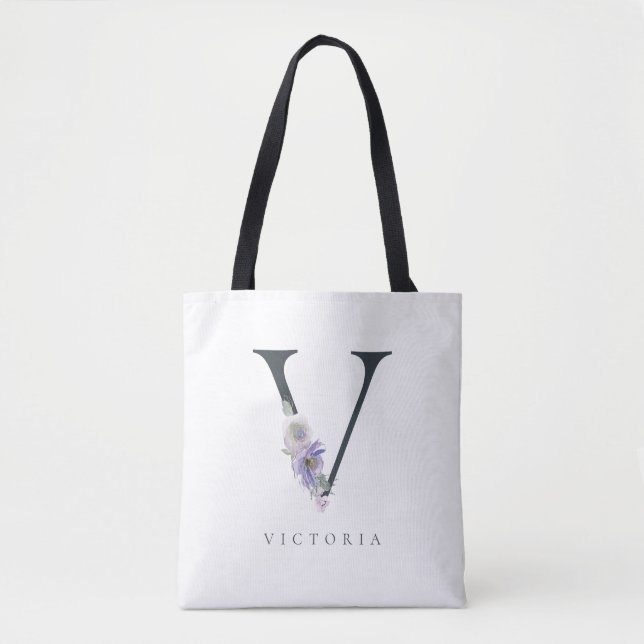 Purple Watercolor V Monogram Floral Tote Bag (Front)
