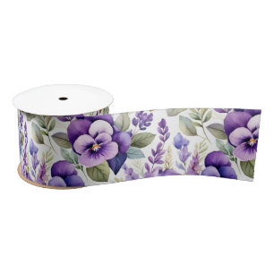 Purple Watercolor Violets Floral Elegant Satin Ribbon