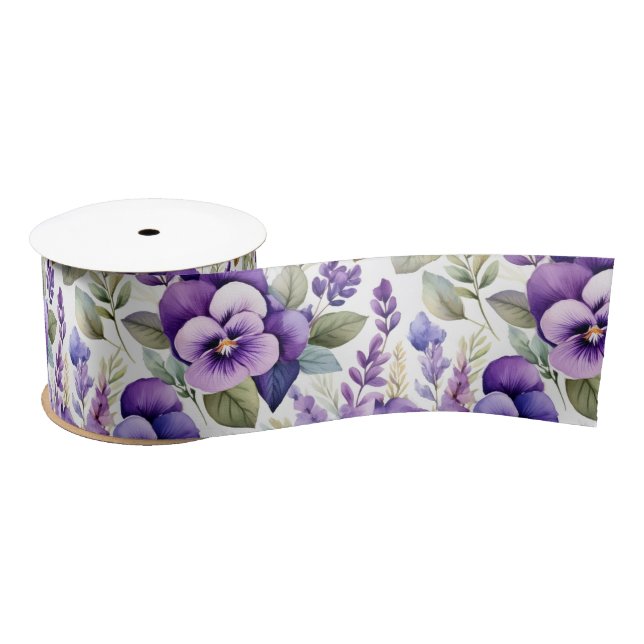 Purple Watercolor Violets Floral Elegant Satin Ribbon (Spool)
