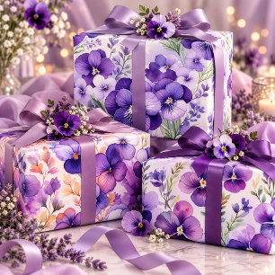 Purple Watercolor Violets Floral Elegant Wrapping Paper Sheet