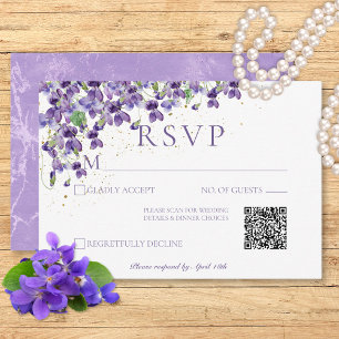 Purple Watercolor Violets Wedding QR Code RSVP Card