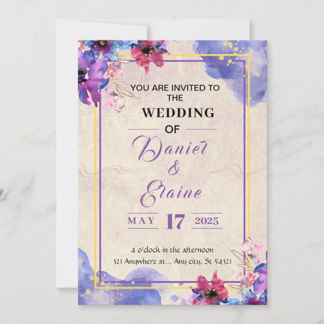 Purple Watercolor Wedding Invitation (Front)