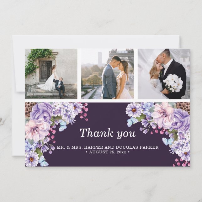 Purple Watercolor Wedding Photo Collage Thank You Card (Front)