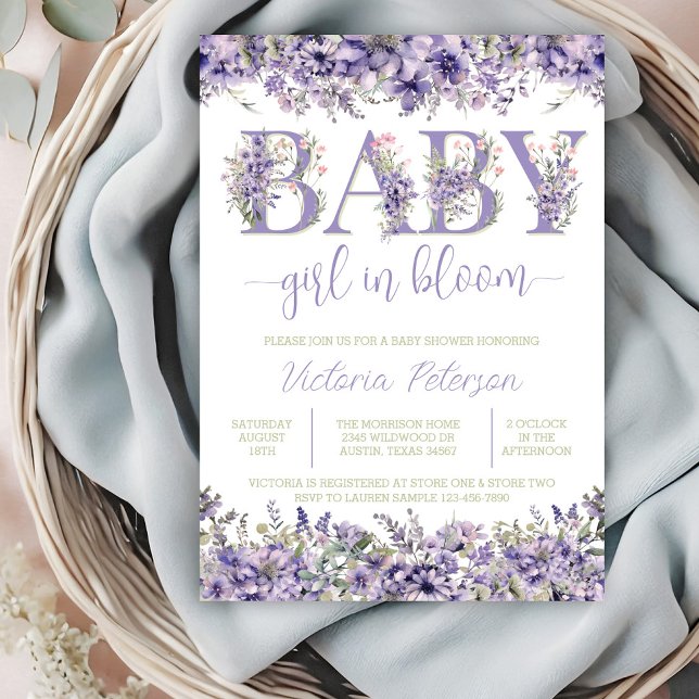 Purple Watercolor Wildflower Baby Shower Invitation (Pretty purple lavender watercolor wildflower baby in bloom invitation with floral text.)