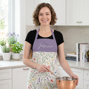 Purple Watercolor Wildflower Boho Custom Name Apron