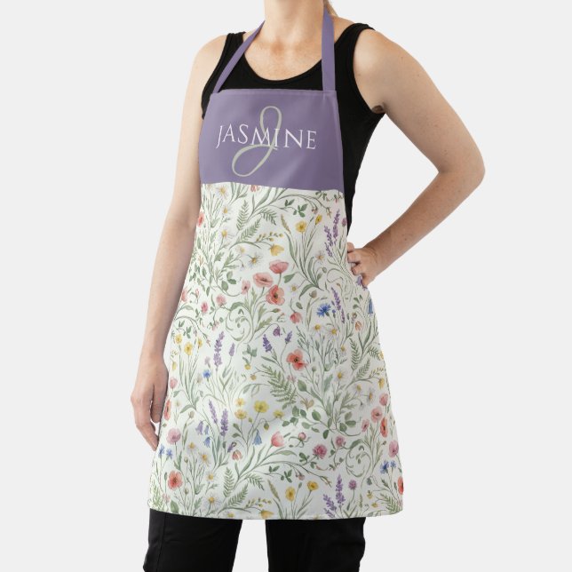 Purple Watercolor Wildflower Boho Monogram Name Apron (Insitu)