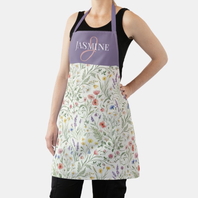 Purple Watercolor Wildflower Boho Monogram Name Apron (Insitu)
